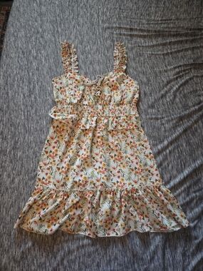 Floral Ruffle Mini Dress with Smocked Waist - Ivory with Peach & Green